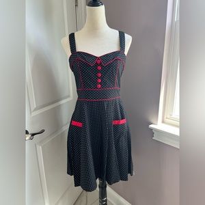 Hell Bunny Medium Strapped Black Midi Dress with White Polka Dots and Red Trim